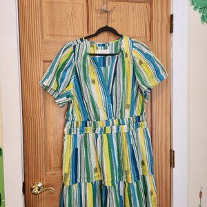 Anthropologie 2X Somerset dress, green/blue/yellow/white stripes, worn once
